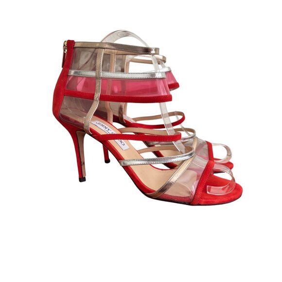 JIMMY CHOO Lang lance Patent Leather Red Strappy Sandal Heels 39.5-9 - Picture 1 of 13